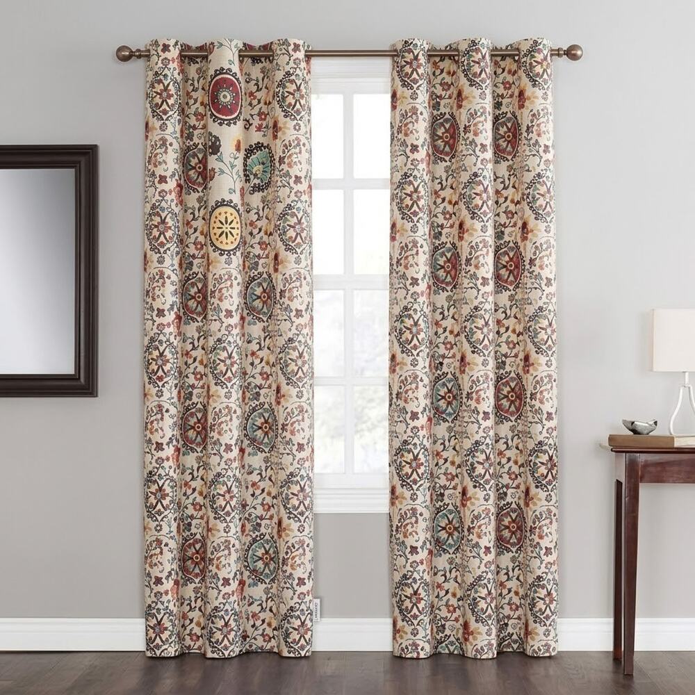 World Market Suzani Floral Medallion Lined Cotton Curtain Panel 48in x 84in New